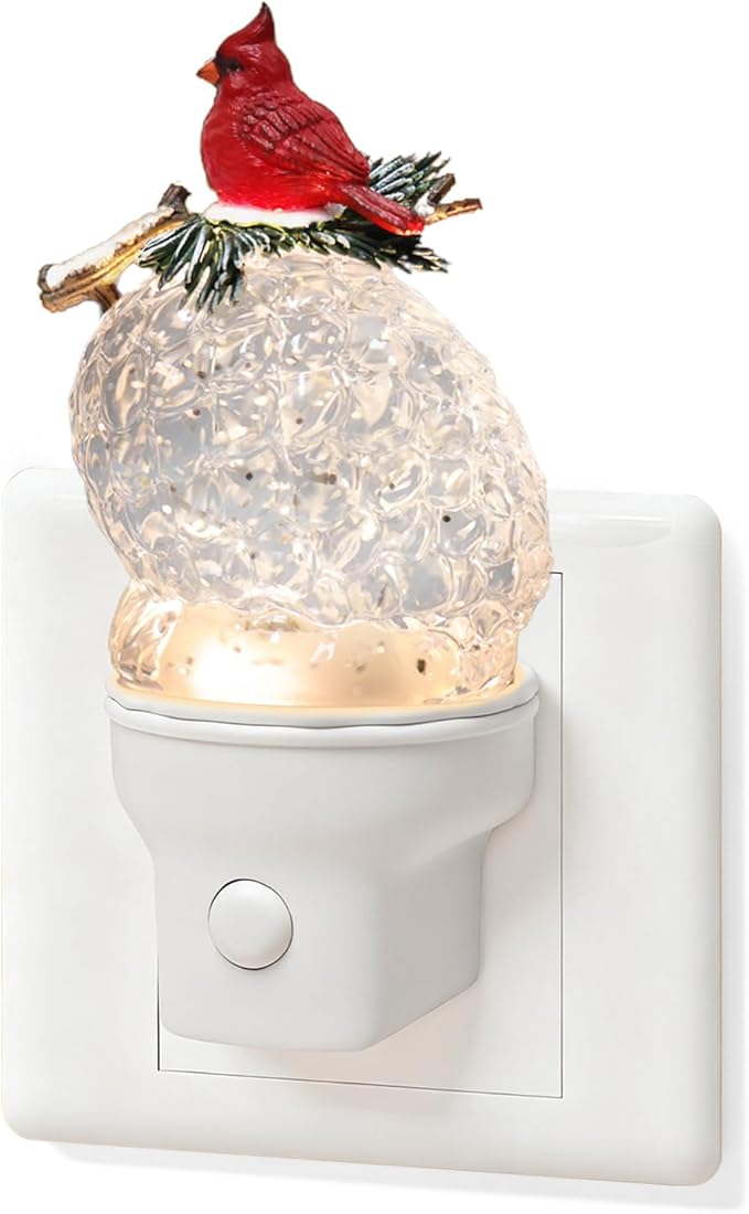 Christmas Night Light Plug into Wall Glitter Water Nightlight with USB/Outlet Options, Christmas Cardinal and Pinecone Decorative Nightlight for Bedroom Holiday Decorations (Cardinal and Pinecone)