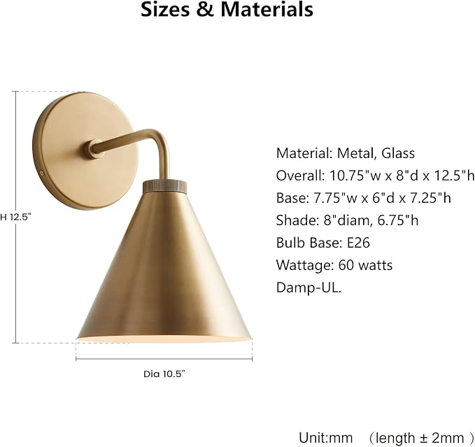 Retro Industrial Metal Cone Sconce Light - Vintage Inspired Modern Brass Wall Sconce with Metal Shade, Wall Mount Lighting for Bedroom, Hallway, Living Room (6“W x 6" L x 11" H Brass)