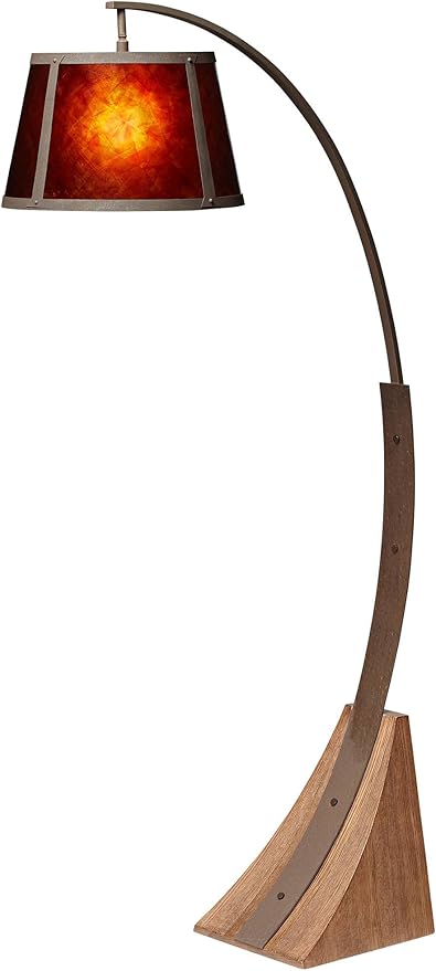 Franklin Iron Works Oak River Mission Style Arc Floor Lamp with USB Charging Port 66 1/2" Tall Dark Rust Natural Wood Base Amber Mica Drum Shade Decor for Living Room Reading House Bedroom Home