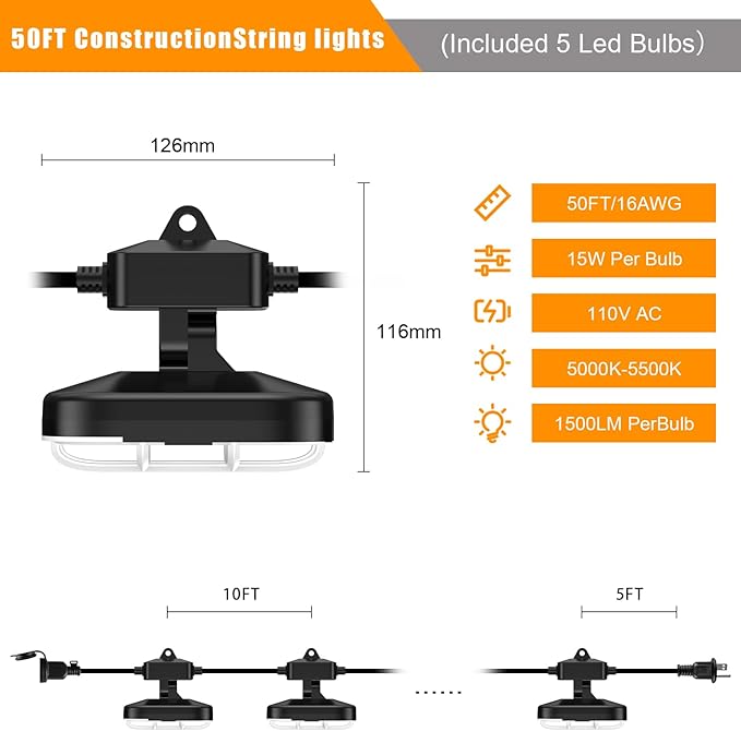 50ft LED Construction String Lights, 75w 7500lm, Adjuest 90&180 Degrees On Both Sides, Waterproof IP66 5000K Super Bright Temporary Lighting for Construction Site, Job Site, Work Site