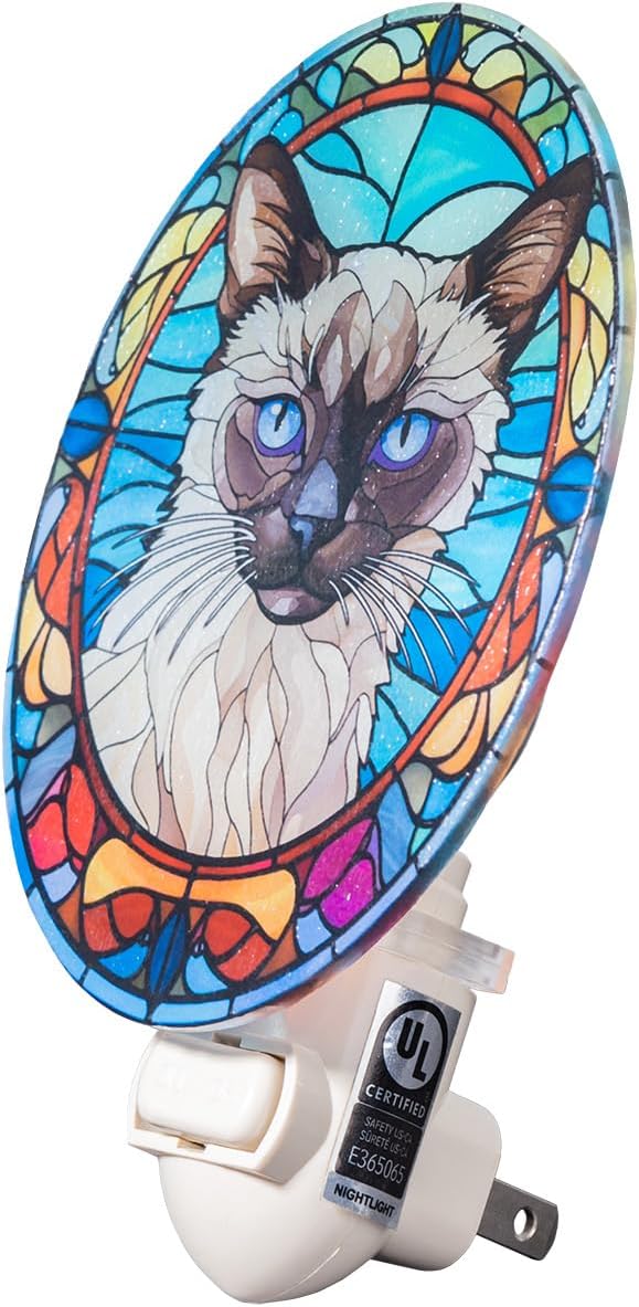 Siamese Cat Stained Glass Styled Night Light, Real Glass Plug-in Night Light with Vertical Outlet and On/Off Switch for Bedroom Gift for Siamese Owners