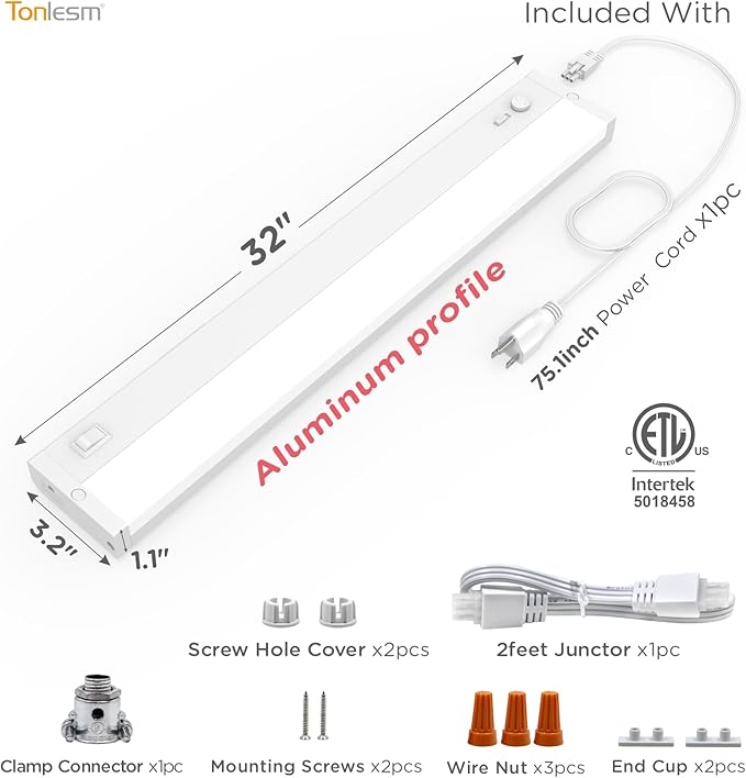 LED Under Cabinet Lighting Plug-in Or Hardwired 32 Inch 21W Super Bright,Dimmable with Dimmer,120V 5CCT 2700/3000/3500/4000/5000K, Linkable Cabinet Light,Under Counter Lights for Kitchen