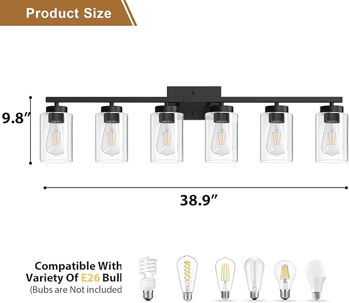 IZORRO Black Bathroom Vanity Light, 6-Light Vanity Lighting fixtures Over Mirror, Wall Lights with Clear Glass Shades, E26 Socket (Bulbs Not Included)