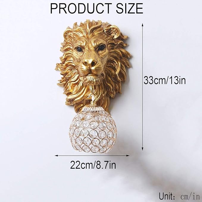 Vintage Wall Sconces Set of Two, Gold Lion Sconces Wall Decor Set of 2, Decorative Resin Animal Wall Light with Crystal Beaded Shade, Luxury Wall Lamp for Living Rooom Bedroom Hallway Stairway