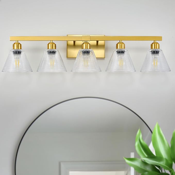 5-Light Modern Bathroom Light Fixtures, Gold Bathroom Vanity Lights with Clear Glass Shade, Farmhouse Wall Sconces for Mirror Kitchen Bedroom Living Room