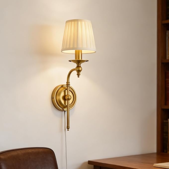 Plug in Dimmable Wall Lamp,Plug-in or Hardwired Installation Wall Sconce with Beige Fabric Shade for Wall Painting,Modern Living Room, Bedroom, Hallway,Led Bulbs Included-(Copper Color)