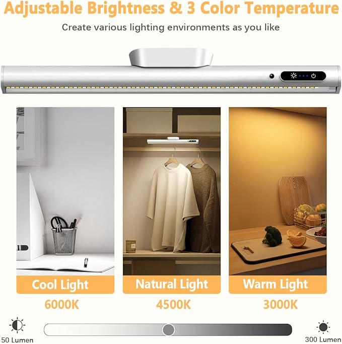 Rechargeable Magnetic LED Light Bar with Remote, Under Cabinet Lighting Wireless, Battery Powered Operated Wall Strip Lights, Dimmable Desk Lamp for Picture Shelf Closet Kitchen – Silver
