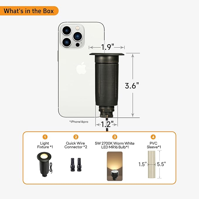 Gardenreet Brass Well Lights Low Voltage, 12V Flush Mount In Ground Landscape Lights with 2.5W 225LM MR8 LED Bulb and PVC Sleeve, IP65 Waterproof Landscape Well Light for Deck and Pathway, 6-Pack