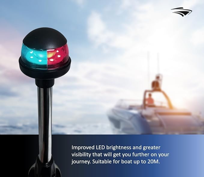 Pactrade Marine LED Green Red Navigation Bow Light 12" SS304 Pole Collar Plug-in (With 2-Prong Nylon Base Black Socket)