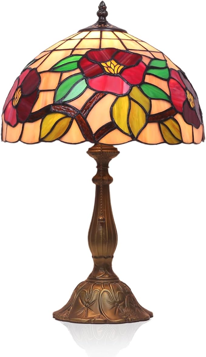 Stained Glass Lamp,12 Inch Vintage Art Glass Table Lamp,Antique Decor Lamp for Bedroom,Living Room,Home Office (Flower)