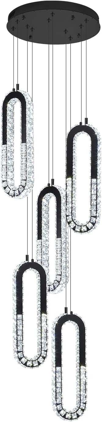 5-Lights Modern Crystal Chandelier for High Ceiling LED Dimmable Ring Pendant Chandeliers Stairwell Chandelier Lighting Black