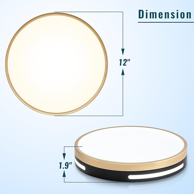 LED Ceiling Light Flush Mount Black and Gold,24W Kitchen Light Fixture Ceiling Mount 2 Pack,12 inch Close to Ceiling Light Fixture 5CCT for Bedroom,Bathroom,Living Room