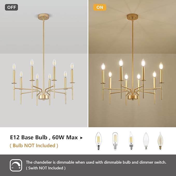 Modern Farmhouse Gold Chandeliers for Dining Room Light Fixture, 8-Light Metal Candle Chandeliers Lighting for Living Room Staircase Foyer Entryway Bedroom