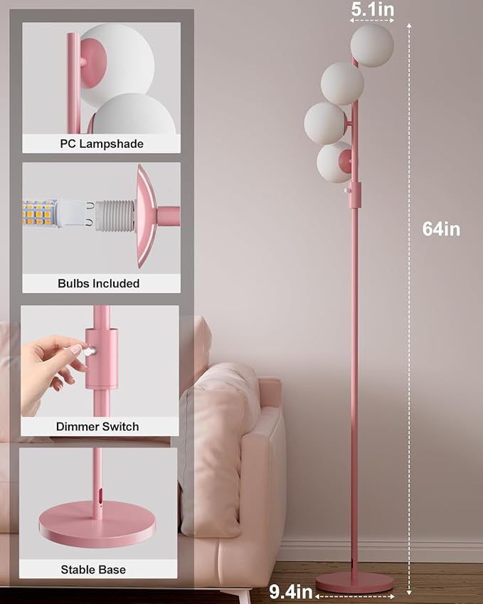 Lightdot 64IN Dimmable (Brightness Adjustable) Globe Floor Lamp, Pink Standing Lamps with 4PCS 3000K G9 Bulbs Soft Warm White Eye Care, Mid Century Modern Floor Lamp for Living Room