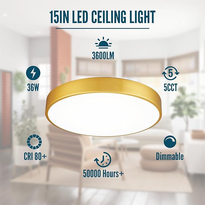 2 Pack Gold LED Ceiling Light Fixture Flush Mount 15 inch 36W, Dimmable Light Fixtures Flush Mount LED, Modern Kitchen Close to Ceiling for Bedroom, Bathroom, Living Room