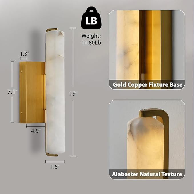 Alabaster Wall Sconces, 15in Brass Alabaster Sconce, Modern Spanish Natural Marble Sconces Lights, Rectangle Gold Sconces for Bathroom Vanity Bedroom Living Room Staircases Hallway