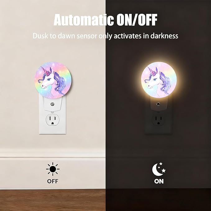 Plug-in Cute Unicorn Night Light Rainbow Background Nightlight with Dusk to Dawn Sensor, Auto On/Off 0.5W Energy-Saving LED Lighting for Men Women Boys Girls Gift