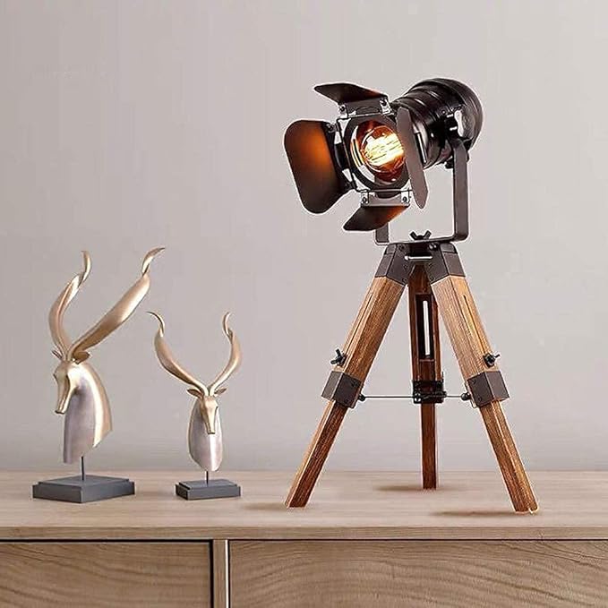 Modern Industrial Vintage Tripod Floor Table Lamp - Metal Wooden Nautical Cinema Standing Searchlight - Reading Desk Light for Living Room Movie Theatre Decoration Adjustable Height (Black+Wood)