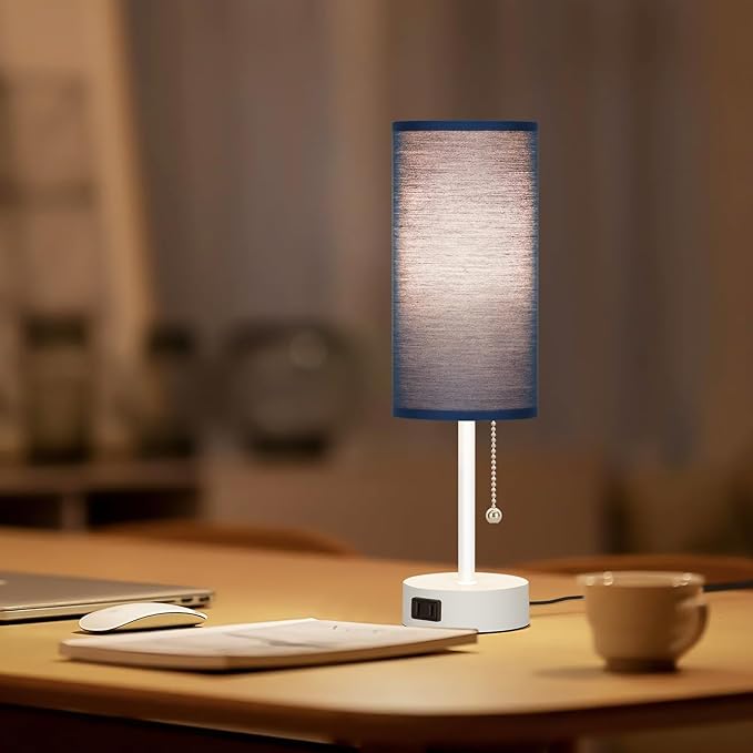 Dott Arts Table Lamp for Bedroom, 3-Color Bedside Lamps with Pull Chain, Bedroom Table Lamps for Nightstand,AC Outlet Small Lamp for Living Room, Bulb Included Blue