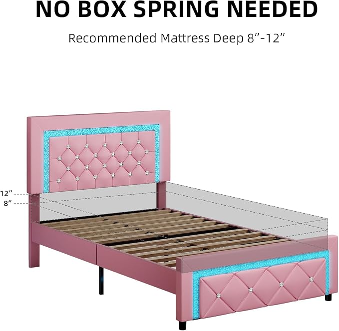 BarnFurin Twin Bed Frame with LED Lights, Upholstered Platform Bed with Diamond Tufted Headboard, No Box Spring Needed, Noise Free, Easy Assembly, Pink