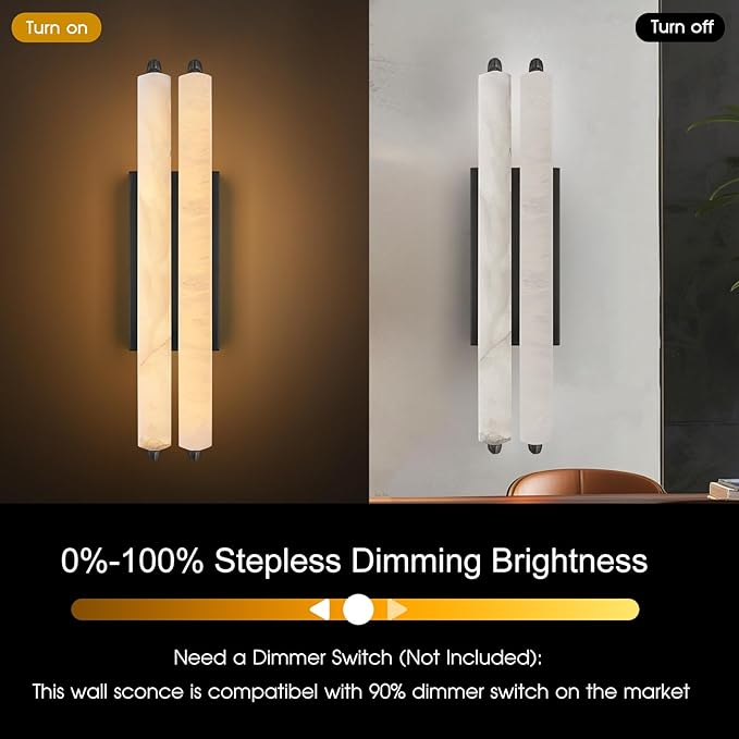 Alabaster Wall Sconce, 19" Natural Marble Wall Sconce, Black Alabaster Double Sconces, Bronze Modern Bathroom Sconces, Indoor Wall Lighting for Living Room, Bedroom, Hallway, Staircase