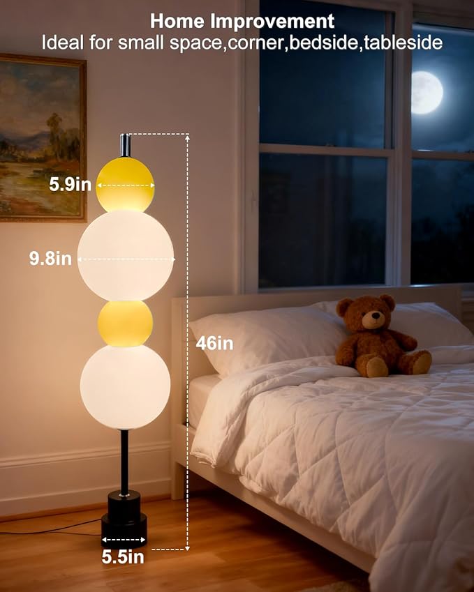 Yellow Globe Floor Lamp - 3 CCT (3000K/4000K/5000K) Dimmable LED, Touch Switch, Modern Tall Standing Lamp for Bedroom, Living Room, Home Office