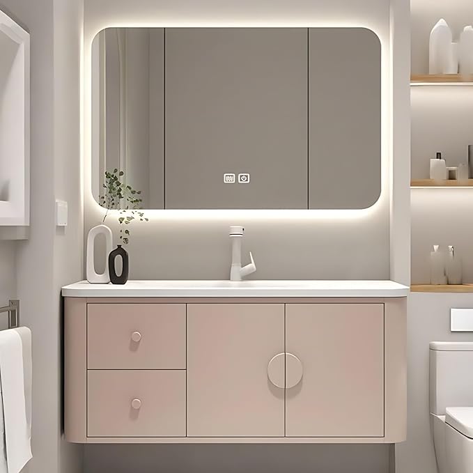 56IN Pink Modern Bathroom Vanity - Bathroom Vanities Set with 2 Drawers Wall Mounted | Rounded Corner Smart Defogging Mirror Cabinet with Lighting & Time Display, Side Opening Storage Shelf (Style A)