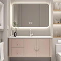 68IN Pink Modern Bathroom Vanity - Bathroom Vanities Set with 2 Drawers Wall Mounted | Rounded Corner Smart Defogging Mirror Cabinet with Lighting & Time Display, Side Opening Storage Shelf (Style A)