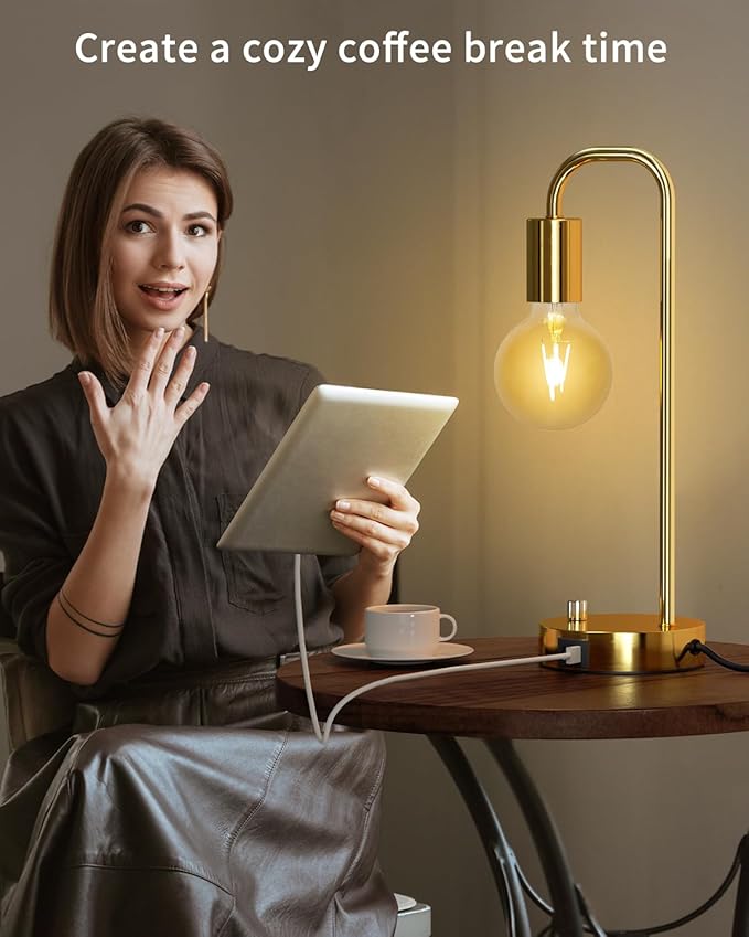 ONEWISH Industrial Table Lamp Set of 2 with USB A&C Charging Port, Stepless Dimmable Nightstand Bedside Lamps for Bedroom,Desk Lamps with 2700K Gold Gradient Bulb for Reading Living Room