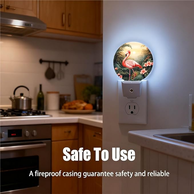 Plug-in Pink Flamingo Night Light Tropical Foliage and Flowers Night Lights Plug into Wall with Auto on/Off Sensor, 0.5W LED Nightlight for Bedroom Bathroom Kitchen Hallway
