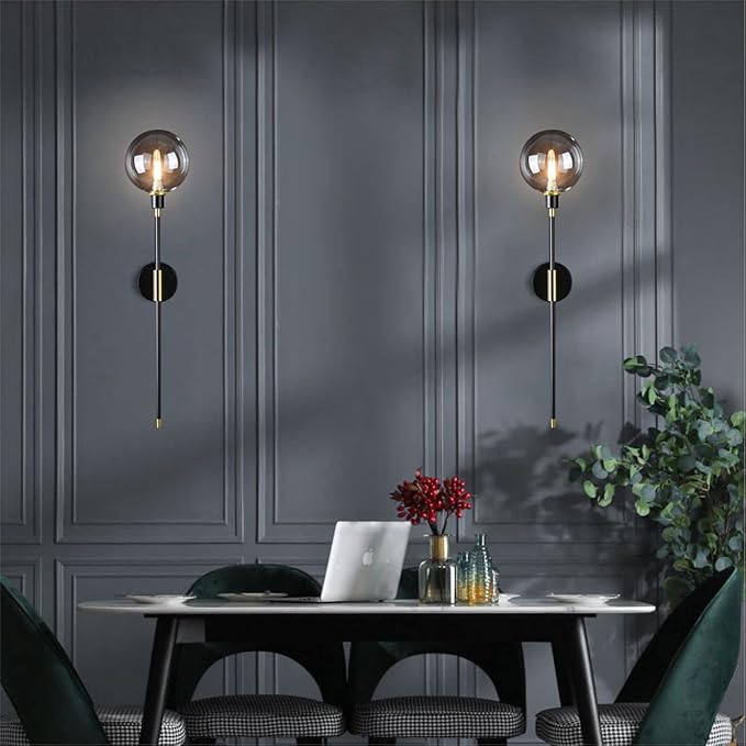 KCO Lighting Modern Glass Globe Wall Sconce Light Set of Two Brass and Black Large Light Contemporary Smoke Glass Hallway Long Sconce Wall Light Set of 2