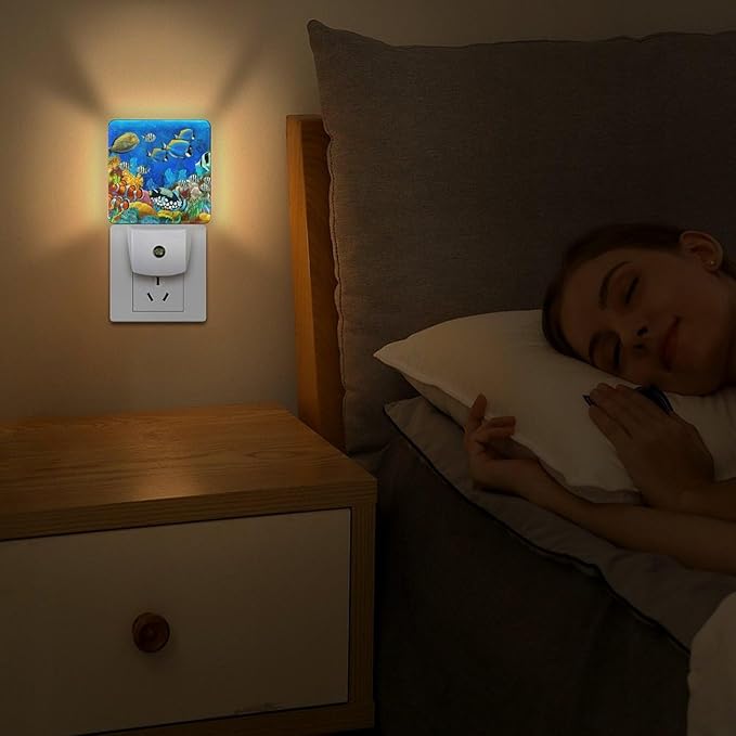 Plug-in LED Night Light, Dusk to Dawn Sensor Smart Nightlight for Bedroom Bathroom Kitchen Hallway Stairs – Soft White Glow, Energy Efficient, Compact & Safe Design -Fish in The Ocean