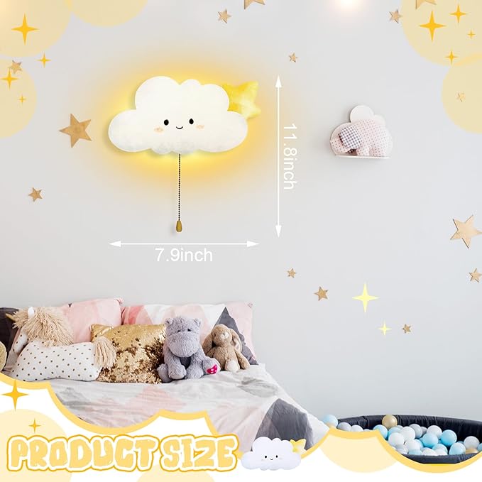 Cloud Night Light Wall Lamp Sleeping Nursery Lighting Cute Floating Battery Operated Hanging Lamp for Baby Boys Girls Bedroom Room Nursery Wall Decorations