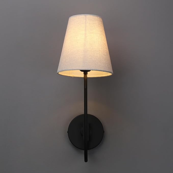 PERMO Matte Black Wall Sconce with Linen Fabric Shade E26 Hardwired Wall Light Goose-Neck Design Industrial Vintage Wall Lamp for Bedroom, Living Room, Hallway