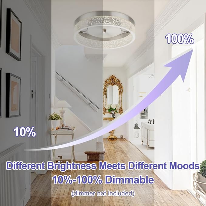 LED Flush Mount Ceiling Light Fixture, 12In Crystal Chandelier with Clear Bubble Acrylic, Modern Ceiling Lighting for Dining Room, Bedroom, Living Room, Kitchen, Brushed Nickel, 4000K Dimmable