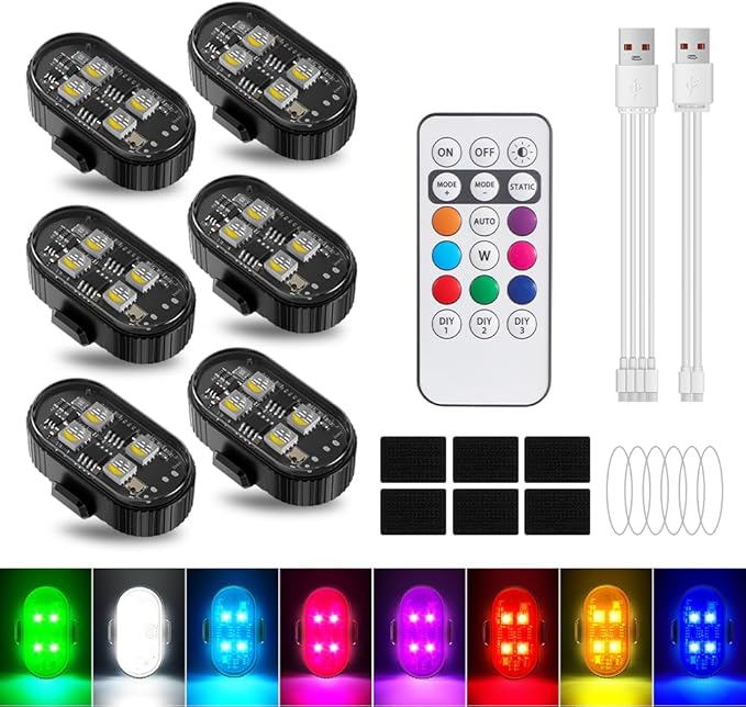 6Pcs Wireless LED Strobe Lights, 8 Colors 10 Kind of Lighting Effects USB Rechargeable Anti-Collision Warning Light, High Brightness LED Strobe Lights for Bike Car Drone Motorcycle Aircraft