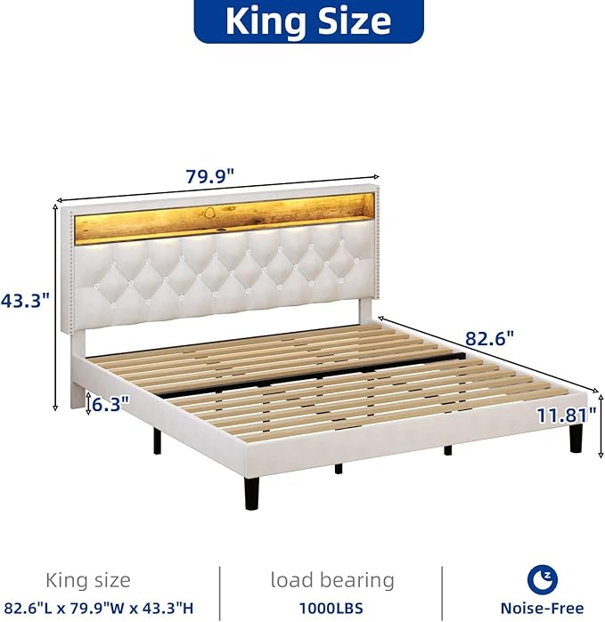 HOMBCK King Size Bed Frame with LED Lights and Storage Headboard, Velvet Upholstered Bed Frame King with Charging Station, Modern Diamond and Rivet Design, No Box Spring Needed, Easy Assembly, Beige