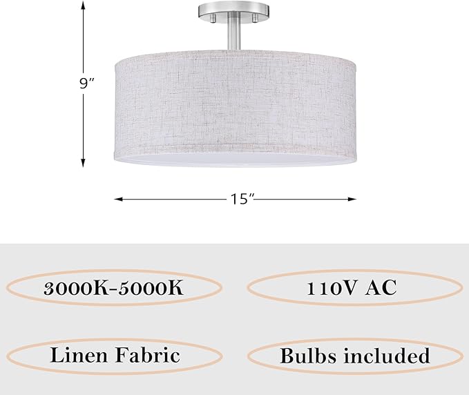 LED 18W Adjustable 3000/4000/5000K 15 Inch Drum Lenin Fabric Brushed Nickel Semi Flush Mount Close to Ceiling Light Fixture for Bedroom,Living Room,Dining Room Hallway