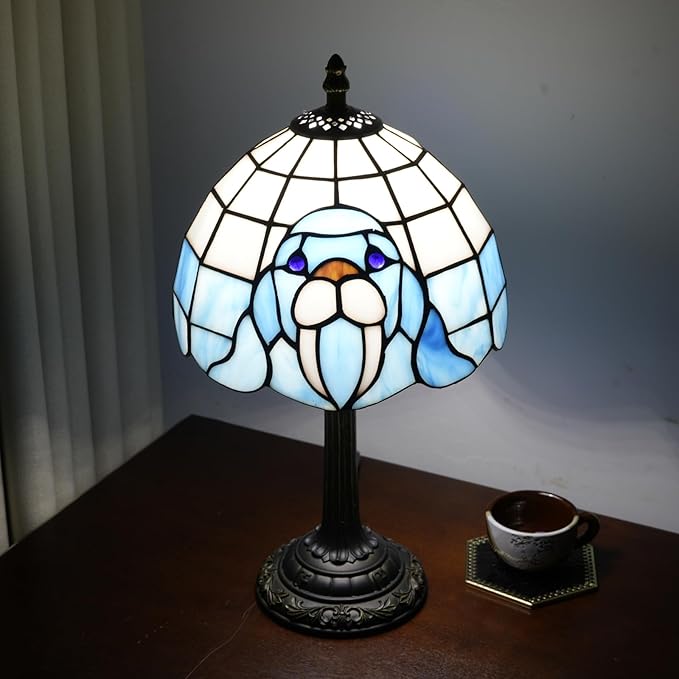 Tiffany Table Lamp Walrus Blue Stained Glass Bedside Lamp Antique Unique Cute Accent Nightstand Light for Home Living Room Office Dormitory Bar Decorate
