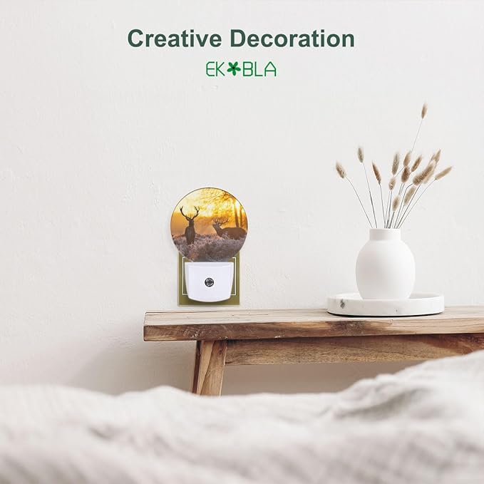 EKOBLA Deer Night Lights Plug into Wall Deer Elk Animals River Creek Autumn Woods Night Light with Dusk to Dawn Sensor LED Lamp for Men Women Boys Girls