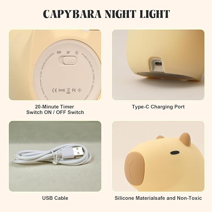 Capybara Night Light, Cute Capybara Lamp Silicone Baby Lamp,Dimmable Nursery Nightlight,Rechargeable Bedside Table Lamp with Touch Control,Gifts Kawaii Room Decor for Kids Girls Boys