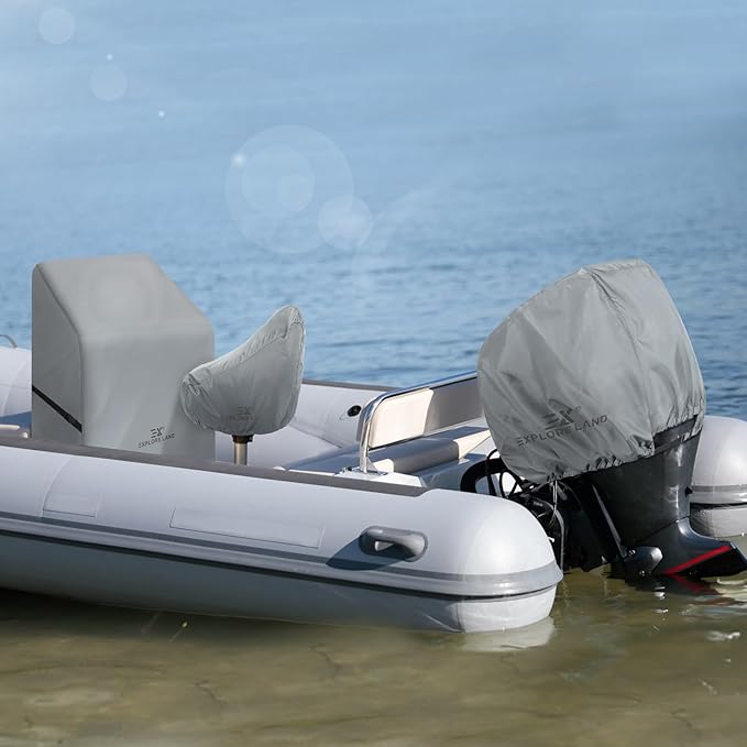 Explore Land Outboard Motor Cover - Waterproof 600D Heavy Duty Boat Engine Hood Covers - Fit for Motor 225-300 HP, Grey