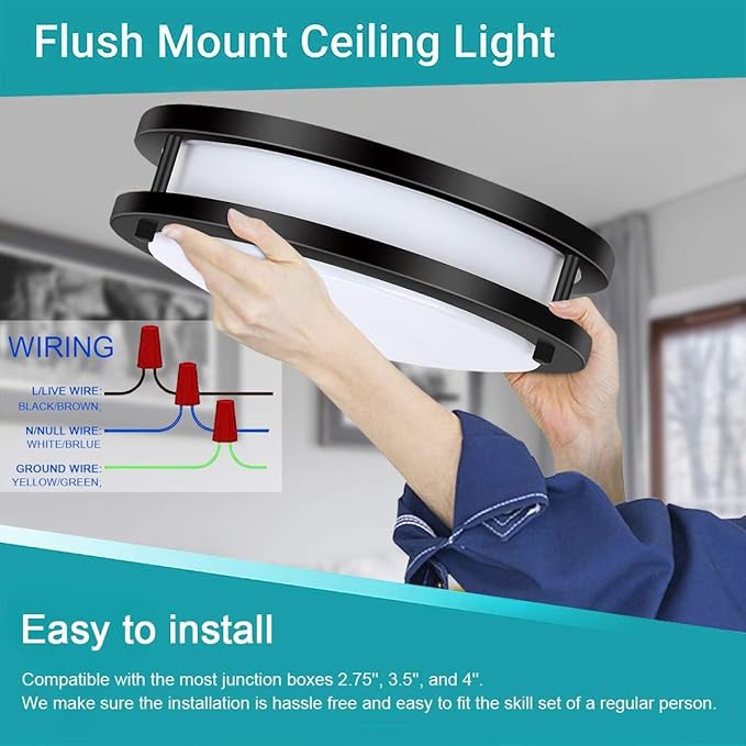 36W Dimmable LED Ceiling Light Fixture, 12in Flush Mount Light Fixture, Ceiling Lamp for Bedroom, Kitchen, Bathroom, Hallway, Super Bright 3500 Lumens, Black, 3000K Warm White