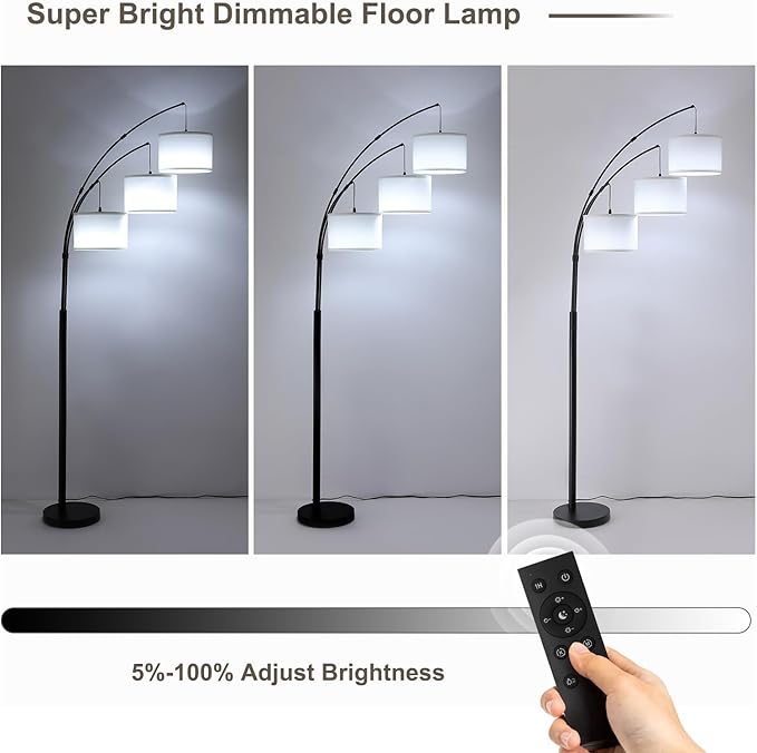 Floor lamp with Remote, 3 Light Arc Floor Lamps for Living Room, 2400LM Tall Standing Floor Lamps with White Shades, 80" Large Floor Lamp for Bedroom, Office