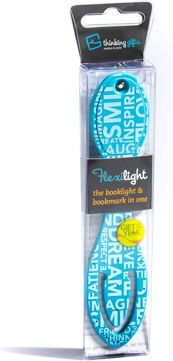 Gifts for Readers & Writers Bookmark Reading Light Blue Words 2in1 Clip On Bookmark Mini Book Light for Reading Night in Bed, Battery Operated Travel LED Book Lights, Flexible 8 Lumen Lights for Books