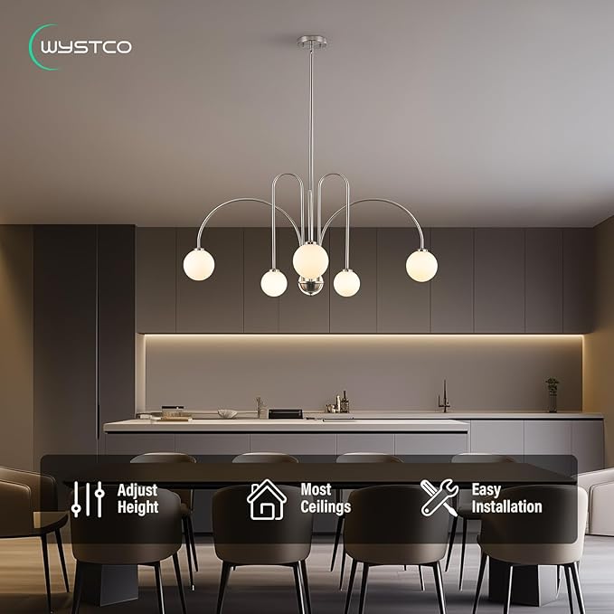 Modern Sputnik Globe Chandelier, 6-Light Nickel Linear Chandeliers for Dining Room and Kitchen Island, Mid Century Light Fixture Over Table, (Milk White Glass Bubble Shades, 40 Inch)