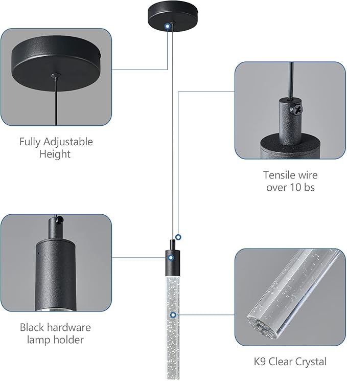 Modern Kitchen Island Pendant Light Dimmable LED Black Finish Mini Crystal Pendant Lighting Bedroom Bedside Table Small Pendant Lights（3-Pack）