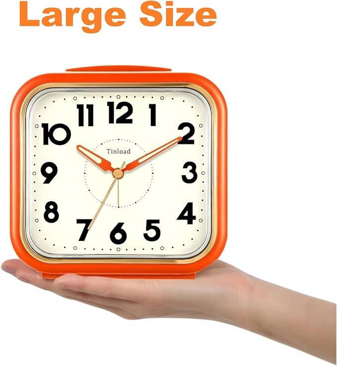 5.5" Large Analog Alarm Clock • Silent Non Ticking • Gentle Wake • Beep Sounds • Increasing Volume • Battery Operated Snooze and Manual Light • Retro Orange