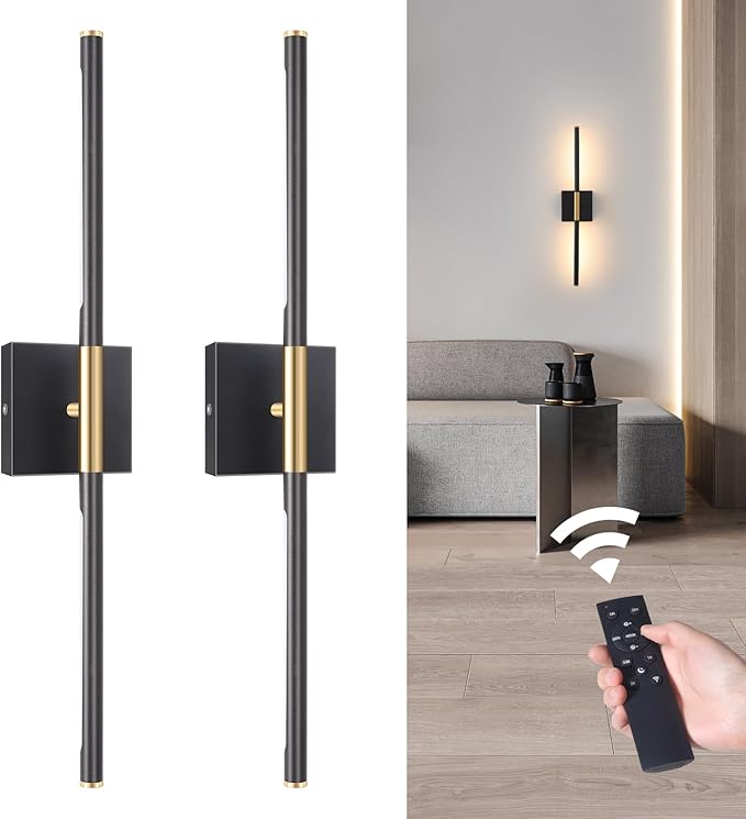 Battery Operated Wall Sconce Set of 2, 8000mAh Wireless Wall Sconces, 3000K-6000K Dimmable, 350°Rotate, Indoor Wall Lights with Remote for Bedroom Living Room Bathroom, Black Gold, 23.6 Inch
