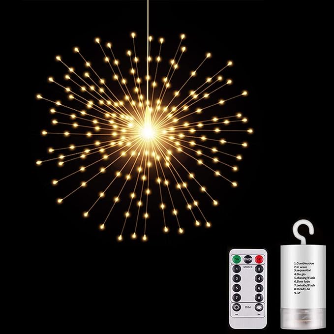 200 LED Starburst Sphere Lights,Firework Light Battery Powered, Tent Chandelier Remote Control, Waterproof Hanging Lights for Gardens Courtyards Porches Christmas Party Home Decor（Warm White）